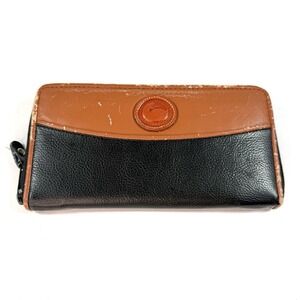 Vintage Dooney & Bourke Wallet Clutch Black Brown Duck Logo Leather Zip